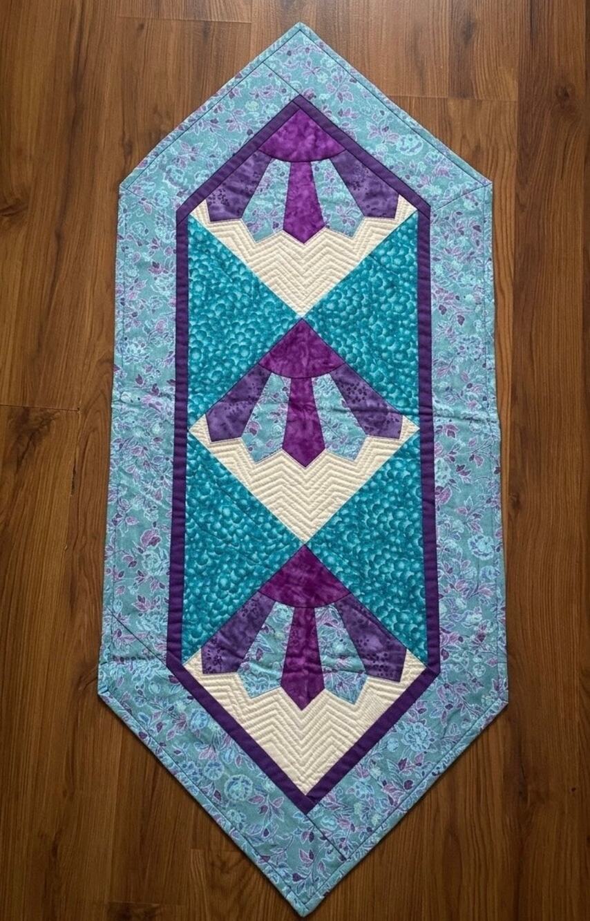 Handmade Quilted Table Runner Dresden Plate Patchwork Purple Teal Floral 48"